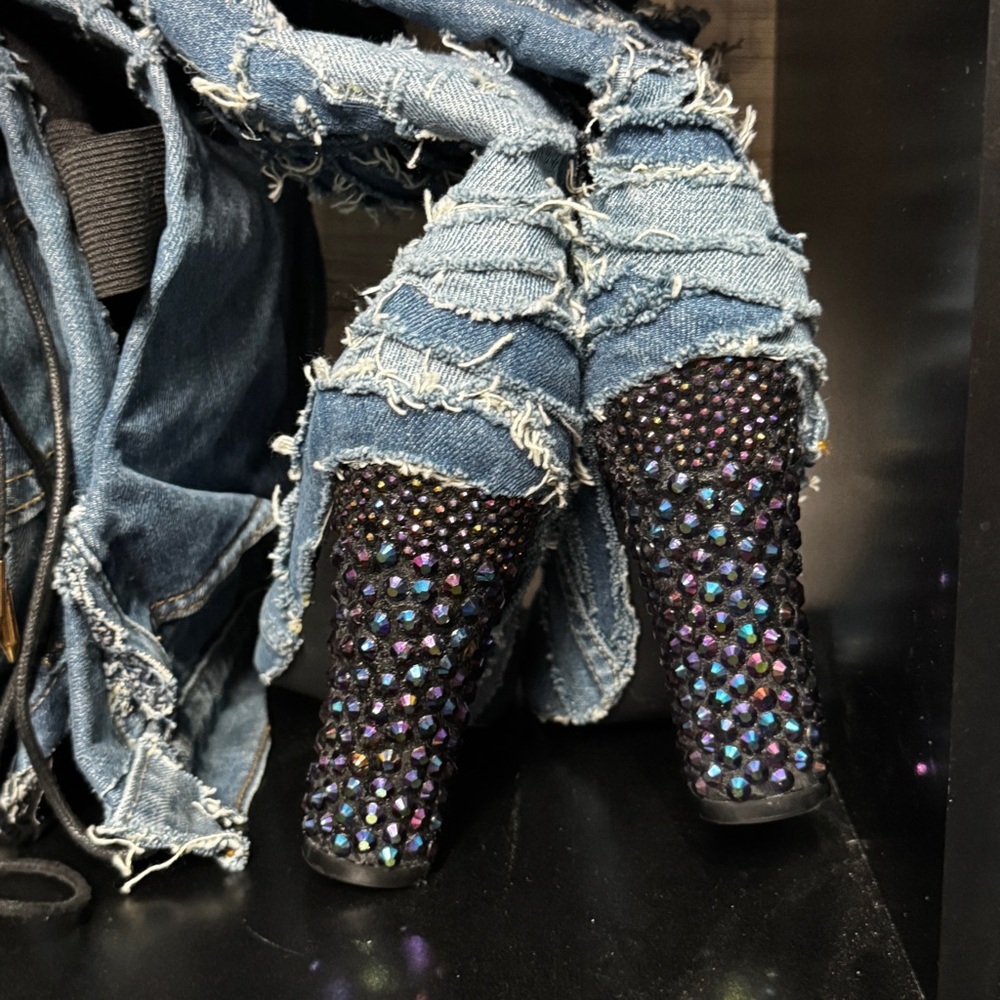 Distressed Levi Denim Thigh High Stiletto Rhinestone Boots Sz 10 Punk Y2K Grunge - Picture 14 of 14